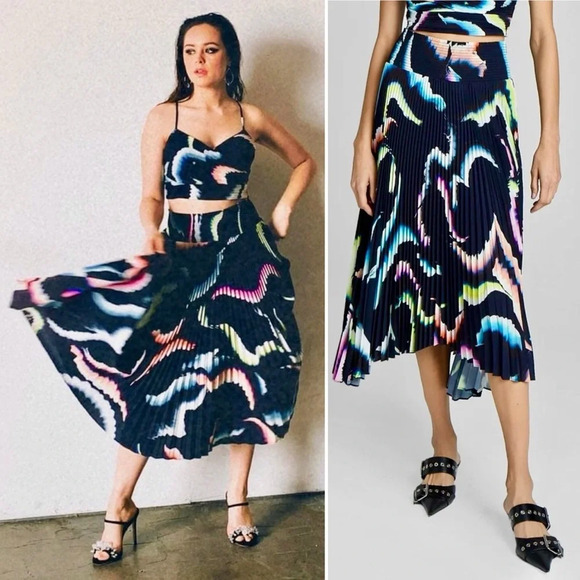 A.L.C. Matching Silk Set Sula Crop Top & Sonali Pleated Midi Skirt Black 0 XS - Picture 12 of 15